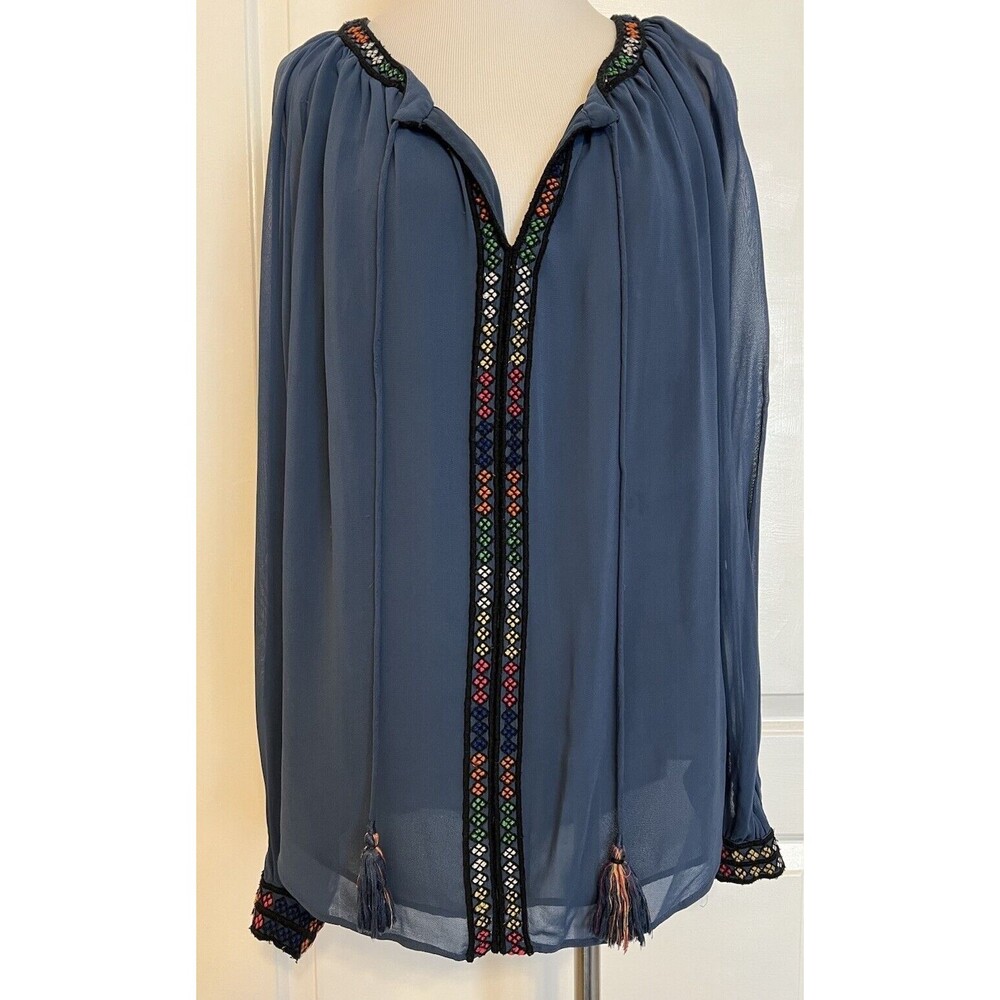 $224 LOVE SAM Anthropologie Blue Embroidered Boho Top Blouse Designer Silky M